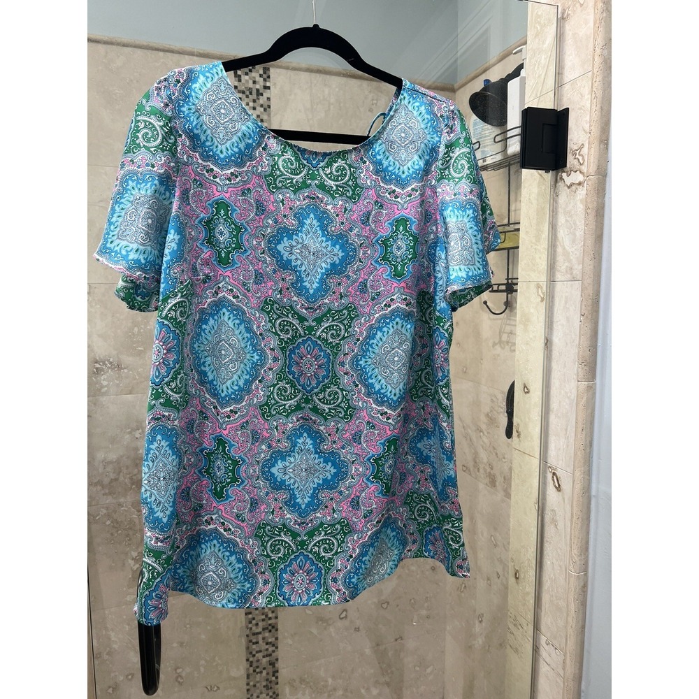 Talbots Woman 1X Blouse Top Flutter Sleeve Criss Cross V-Neck Blue Pink Paisley